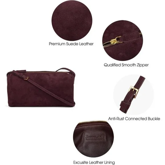 women Burgundy Suede Leather Small Crossbody Shoulder Bag with Adjustable strap - Picture 5 of 7
